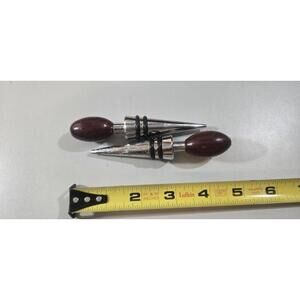 Set of Two Wine Bottle Stoppers Oval Olive Shaped Wood Finials Silver Tone